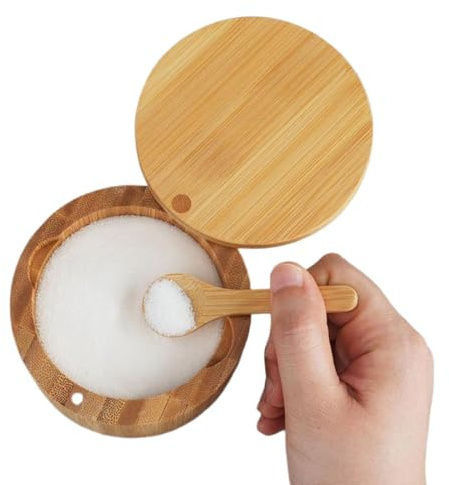 Wooden Salt Pot, Magnetic Lid Condiment Holder, 3.54x3.54x2.36 Inches, Spoon Included, Natural Wood Seasoning Container for Kitchen, Pantry, and Cooking (Multicolor)