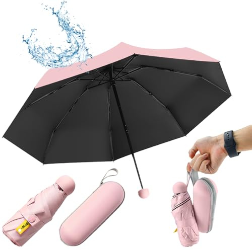 UHETLET Rosa Kompakter Regenschirm Sturmfest mit 8 Rippen Taschenschirm Mini Umbrella Pocket Taschenschirme Faltender UV-Regenschirm Minischirm Leicht Mini Schirm Damen Perfekt für Handtasche