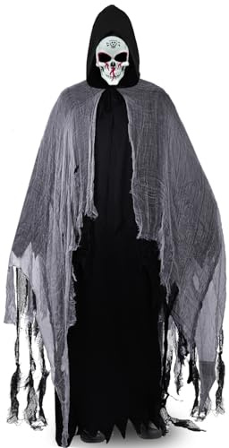 HERMORRYSS Costume da Mietitore per Uomo, Costume da Fantasma per Halloween con Mantello Strappato, Costumi da Uomo Horror con Cappuccio, Maschera e Adesivi per Halloween, Carnevale, Festa, Cosplay