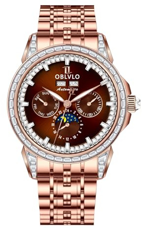 OBLVLO Luxus Herren 316L Edelstahl Mondphase Automatikuhr Diamant Lünette 24 Stunden Multifunktions Mechanisches Armband Uhren GCM-MUT, GCM-MUT-POPS, Modern