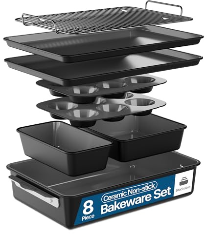 Bakken 8-Piece Ceramic Coated Bakeware Sets, Nonstick Aluminized Steel Pans with Muffin, Loaf, Cake, Roasting Pan, & Cooling Rack, Oven Safe Up To 500°F, Dishwasher Safe, BPA, PTFE & PFAS Free, Black