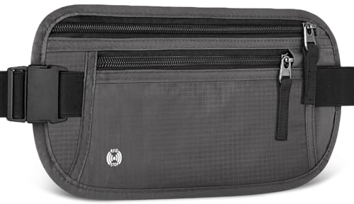 Aucuu Cinturones de Dinero Ocultos, RFID Riñonera de Seguridad Antirrobo, Riñonera Viaje con Bloqueo, Riñonera Deportiva, Cinturón Ajustable, para Pasaportes Tarjetas Efectivo-Gris Oscuro