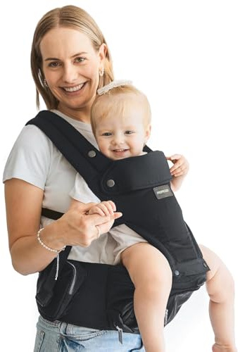 Momcozy Babytrage mit Hüftkissen, 2-in-1 Verstellbare & Abnehmbare Babytrage bis 20kg, Atmungsaktive Tragehilfe mit Lendenstütze für Eltern, Für Neugeborene & Kleinkinder, Schwarz