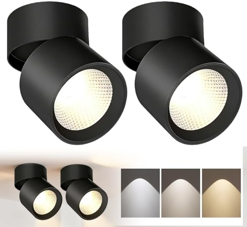 2 Pièces Plafonnier Spot LED, Spot Orientable Plafond 7W, Plafonnier Orientable Repliable, Lumière Trois Couleurs, Ø78×100 mm, Noir
