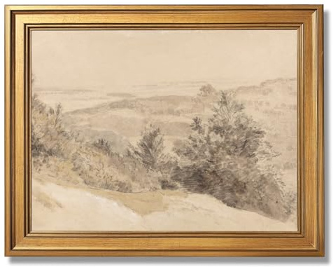 Vintage Country Sketch Rolling Hills Landscape Wall Art Rustic Classic Pastoral Canvas Print Minimalist Moody Nature Posters for Bedroom Living Room Farmhouse Home Wall Decor-24X36inchGolden frame