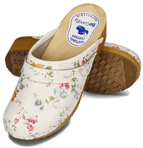 BeComfy Sabots en Cuir pour Femme Mules à Talons en Bois Étoiles Fleurs Colorées Bleu Blanc 35-41 EU (Blanc et Fleurs, 39 EU)