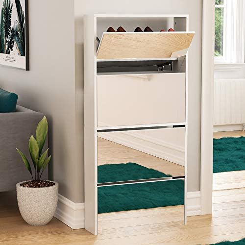 Vida Designs Welham Mirrored Shoe Cabinet, Wooden Shoe Storage Unit with 4 Flip Drawers, Multifunctional Dust-Proof Space-Saving Slim Cupboard for Hallway or Entryway (White)