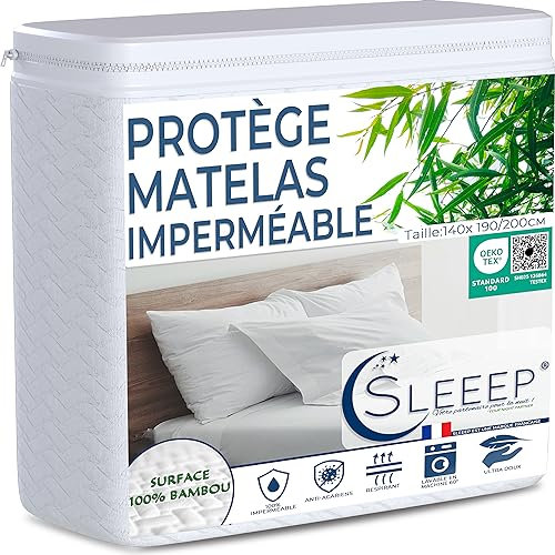 SLEEEP Protege Matelas 140x200 Fibre de Bambou Oeko-Tex, Format Drap House Bonnet 30cm Alese 100% Imperméable, Protection Matelas Ultra Douce Couvre Matelas Anti Acarien -Qualité Hôtellerie-