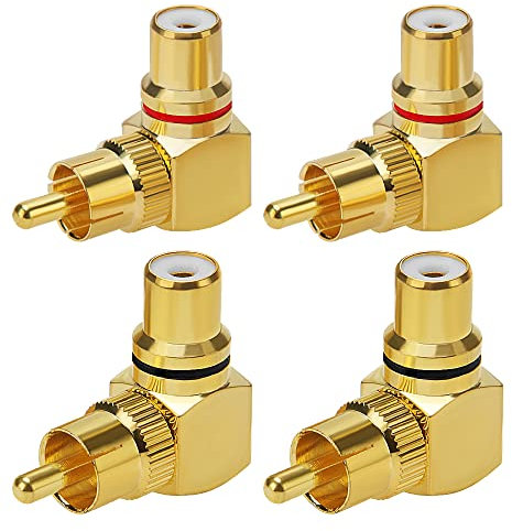 4 Stück RCA Rechtwinkliger Adapter, 90 Grad Cinch-Stecker auf Buchse Stecker-Adapter, Chinch Winkelstecker Adapter Vergoldet, für Stereo-Audio oder AV-Video (2 Rot + 2 Schwarz)