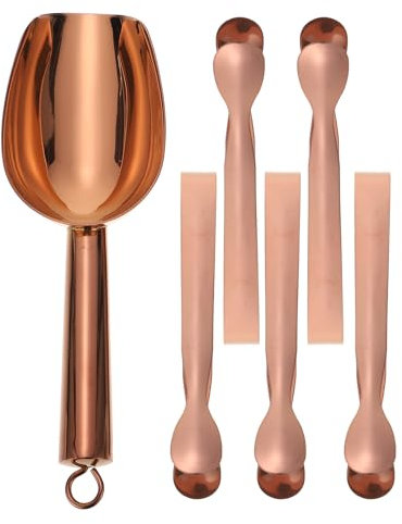 Operitacx 6 Stück Edelstahl Süßigkeitenschaufeln und Zangen-Set, 1 Eisschaufel für Bar 18,8 cm und 5 Stück Kaffee-Zuckerwürfelzange 10,8 cm für Lebensmittelmehl, Restaurant, Küche, Rotgold