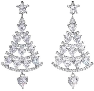 Christmas Tree Earrings for Women,Color Diamond Xmas Earring,Sterling Ear Acupuncture,Ladies Sparkly Zircon Drop,Girls Ears,Holiday Costume Accessories,Fashion elegant Cute Gifts Earings (Silver)