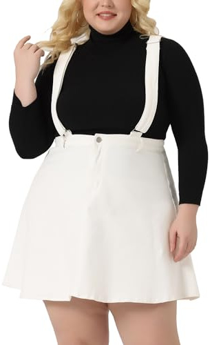 Agnes Orinda Plus Size Suspender Skirts for Women Adjustable Strap Braces Mini Denim Overalls Dress 2X White