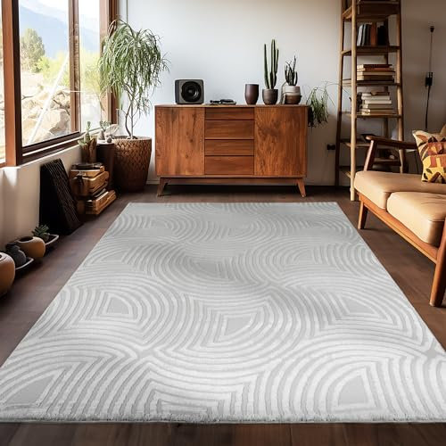 Carpetsale24, Skandinavischer Boho Teppich 140 x 200 cm, Silber, 3D-Effekt, Extra Weich und Waschbar, Deko Teppich für Wohnzimmer, Schlafzimmer, Esszimmer und Küche