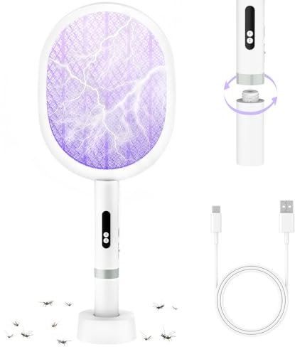 PALONE Raquette Electrique Insectes 4000V 5 LED UV, Raquette Moustique Eelectrique USB Type-C 1800mAH, 3 Couches Filet Sécurité, Anti Moustique Puissant, pour Chambre, Jardin, Camping (Blanc,1PC)