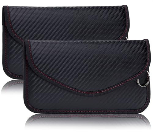 Keyless Go Schutz, 2 Stück Kohlefaser Leder Faraday Bag RFID Blocker Autoschlüssel Hülle Schlüsseletui Schlüsseltasche Klein Strahlenschutz Tasche mit Haken und Schlüsselring