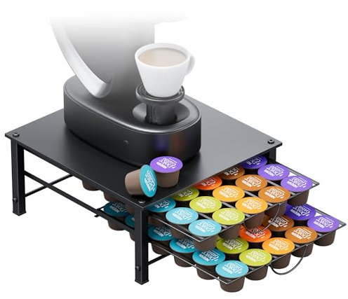 HFHOME Coffee Pod Holder for Dolce Gusto, 60 Capsules Storage Drawer, 2 Tier Thick Metal Coffee Pod Storge, Pods Organizer Drawer with Non-Slip Feet Silent Sliding for Kitchen Office