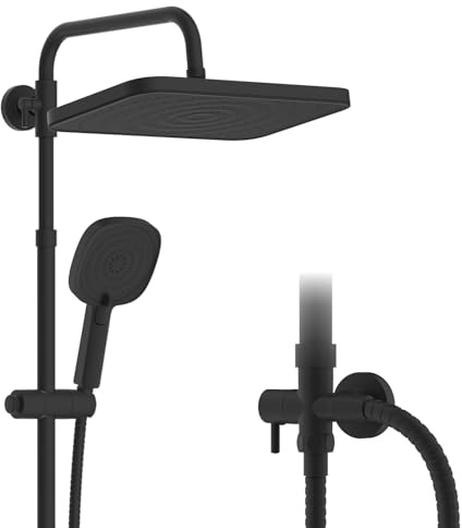 Hibbent Kit de Ducha de Lluvia Auto - Limpiante con Riel de Ducha de Acero Inoxidable 304, Ajustable en Altura, Sin Mezclador, Desviador de Latón, 30 * 20 cm, Negro