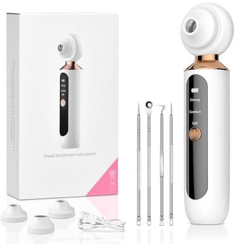 Punti Neri Elettrico Professionale, Pulitore per Pori con 3 Livelli di Aspirazione e 3 Testine, con lente d'ingrandimento e lampada a LED Aspirapolvere Viso per Rimozione di Comedoni, Brufoli e Grasso