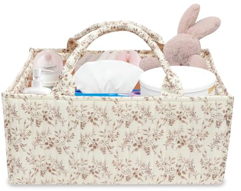 harupink Organisateur de table à langer fleuri, organisateur de table à langer portable avec cloisons ajustables et poignées, organisateur de couches pour nouveau-né pour décoration de chambre de bébé