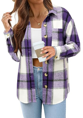 Zeagoo Blusa de franela a cuadros de manga larga para mujer, con botones, a cuadros, chaqueta de camisa con bolsillo, chaqueta informal a cuadros, otoño 2025, S-XXL, morado, S