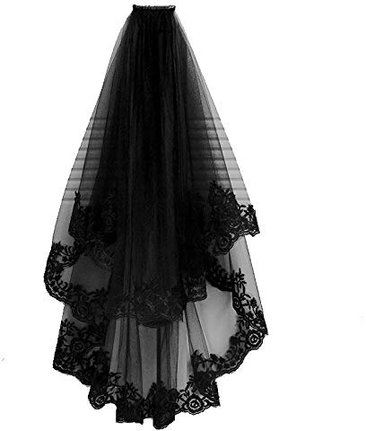 Mrracxy Voile de mariée noir Halloween dentelle sorcière cosplay avec peigne pour enterrement de vie de jeune fille accessoires de mariage voile