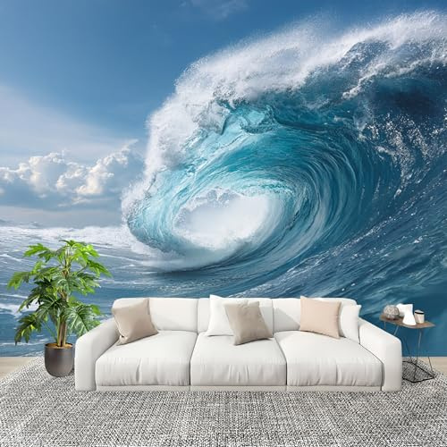 Gör-det-själv Peel and Stick-väggdekor dekoration väggbeklädnad OceanDynamicWaves vattentät antifouling avtagbar fototapet 350 x 256 cm blå panoramatapet present väggklistermärken