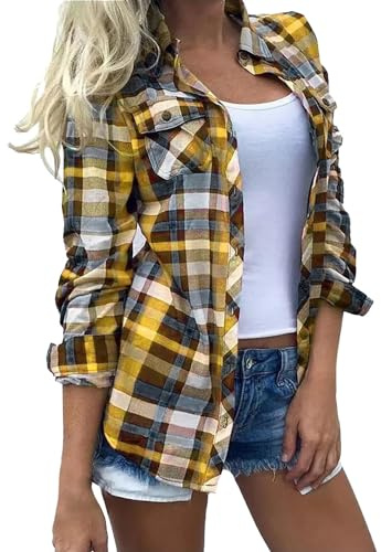 Women Western Long Sleeve Shirts Button Down Classic Plaid Spring Fall Dress Work Collared Blouses Vintage Checked Tops Lightweight Casual Cowgirl Flannel Shackets Teen Girls Clothes Yellow