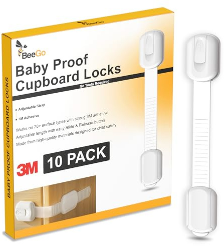 BeeGo® Child Safety Cabinet Locks (10 Pack) – Adjustable Baby Proof Cupboard, Drawer & Fridge Straps | 3M Adhesive No Drill Child Locks for Kitchen & Toilet | White