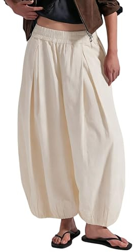 Xiaoxuemeng Baggy Wide Leg Pants Womens Cotton Barrel Pants High Waisted Balloon Pants with Pockets(0875-Beige-XS)
