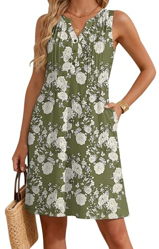 Zattcas Casual Summer Dresses for Women 2026 Notch V Neck Button Down Sleeveless Pintuck Floral Mini Sun Dresses Beach Vacation Clothes Pool Bathing Suit Cover Up Olive Floral M
