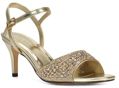 Women's Ankle Strap Sandals Ladies Stiletto Mid Heel Peep Toe Gold Sparkly Diamante Strappy Shoes Size 5