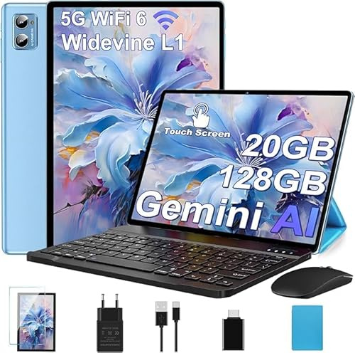 DEERTiME Tablet 10 Pulgadas Android Gemini AI, 20GB RAM+128GB ROM/TF 2TB, Octa-Core, 5G WiFi 6, Widevine L1, BT5.0, 8MP+5MP, Type-C, 6000mAh Batería, Tablet PC con Funda, Teclado y Ratón - Azul