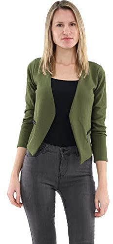 Malito - Damen Blazer Langarm - unifarbener Jerseyblazer - Kurze Basic Jacke - Sweatblazer mit Reißverschluss - Tasche - tailliertes Sakko 6040 (Oliv | Größe S)