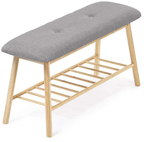 IDMarket – Banco de entrada tapizado Bambú Rita Tela Gris Claro