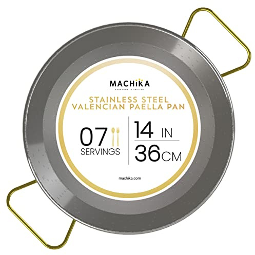 Machika Stainless Steel Paella Pan | 14 Inch | 7 Servings | Oven Safe | Dishwasher Safe