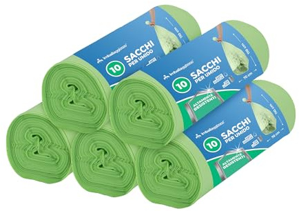 IMBALLAGGI 2000 - Sacchetti Spazzatura Organico 70x110 (110L), 10 Rotoli x 10 Sacchi Spazzatura Raccolta Differenziata Interno e Esterno, Tot 100 Sacchetti Umido Resistenti Biodegradabili Compostabili