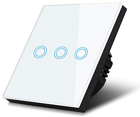 Maclean MCE705 W touch-strömbrytare väggströmbrytare glasströmbrytare med färgbyte LED bakgrundsbelysning inbyggd strömbrytare 85 x 85 mm (3-vägs rund, vit)