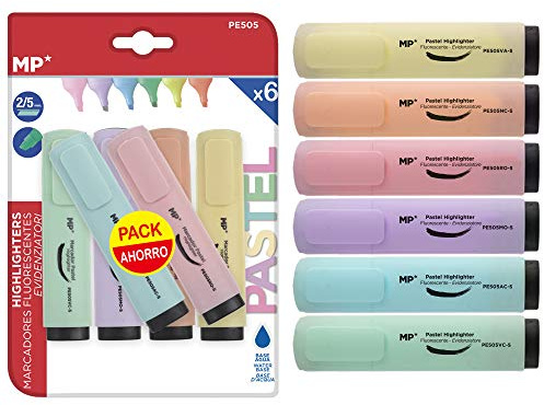 MP - PACK 6, Subrayadores, Marcadores Punta Biselada, Resaltadores, Colores Pastel, Juego de 6 Resaltadores, Material de Oficina, Material Escolar, Colores Surtidos, Punta 2-5mm, 11,2cm de Largo.