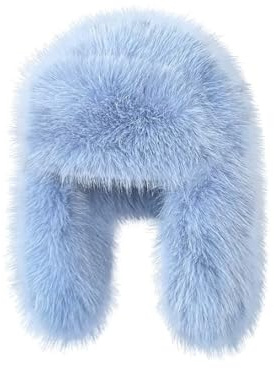 BSYLOO Luxurious Faux Mink Fur Ladies Trapper Hat，Pure Color Simplistic Women’s Winter Hat，Furry Ushanka Warm Hat Blue