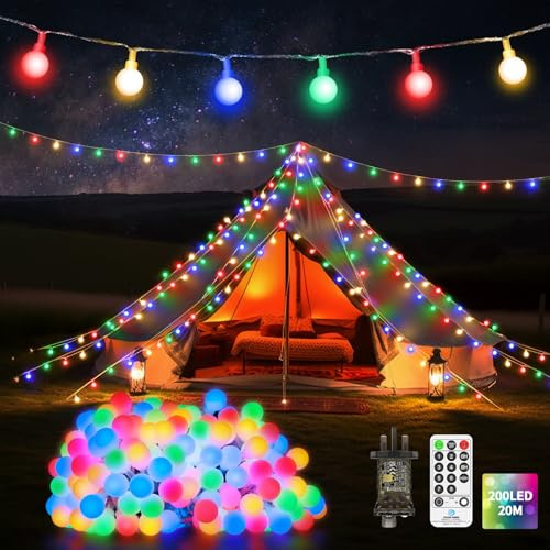 20M 200 LED Fairy Lights Outdoor Plug In Globe String Lights Waterproof Christmas Lights with Remote Timer 8 Modes for Outside Garden Camping Indoor Bedroom Patio Party Decorations Multicolor