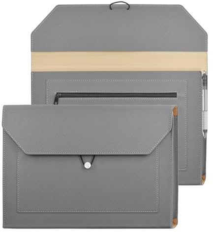 VANRA Carpetas expandibles de piel sintética para documentos con 2 bolsillos, organizador de documentos con cuerda elástica para papel tamaño carta A4 (gris)