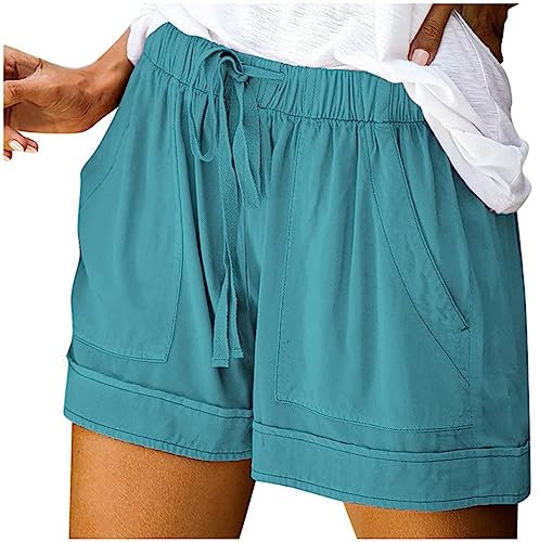 Shorts for Women UK Plus Size Elastic High Waist Cotton with Pocket Linen Shorts Solid Wide Legs Shorts Drawstring Straight Legs Tracksuit Bottoms Ladies Beach Shorts
