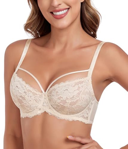 Lemorosy Push Up BH Damen Mit Bügel Große Brüste Starker Halt Ungepolster Vollschalen Spitze Blumen Große Größen BHS (Beige,80F)