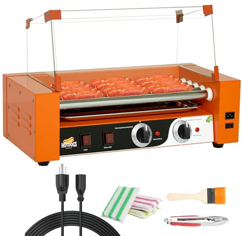 Parrilla con rodillo para perritos calientes, máquina para hacer rodillos para perritos calientes de 1000W con bandeja de goteo extraíble y tapa, calentador de cocina con parrilla (Orange 5roll)