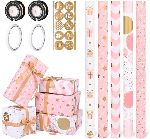 5 Rolle Geschenkpapier, GuKKK 43 x 300cm Geschenkpapier Geburtstag und 2 Rolle Band, Geschenkpapier Weihnachten, Geschenkverpackung Papier für Weihnachten, Kindertag, Valentinstag, Muttertag