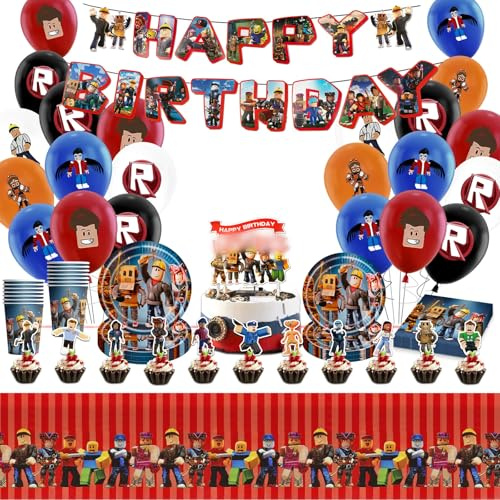 Ensemble de vaisselle rouge de 95 pièces - Décorations d'anniversaire pour joueurs, ballons de fête - Fournitures de fête d'anniversaire, assiettes, tasses, serviettes et nappe pour garçons et enfants