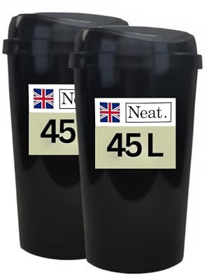 NeatPlastics Neat. 45L Large Recycling Bin for Kitchen with Touch Top Lid, Colour-Coded Lid for Easy Waste Sorting, Durable Plastic Waste Bin for Kitchen, Office, Home & Commercial Use, Black, Pack 2