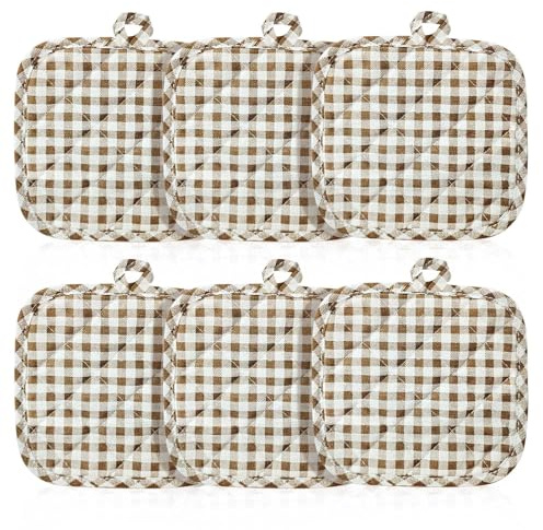 Khaki Checkered kitchen pot holders, 6PCS Cotton pot holders for kitchens, Khaki Checkered kitchen pot holder, Heat Resistant Pots Holder, Pots rack set suitable for kitchens baking