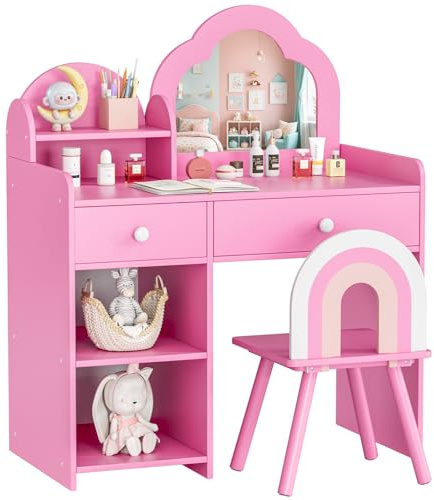 MAMIZO Toeletta Trucco Bambina, Tavolino da Trucco per Bambine con Specchio Rimovibile, 2 in 1 Toeletta per Bambini con Sgabello e Cassetti, Robusto e Stabile, 73,5x40x90,5cm (Rosa)