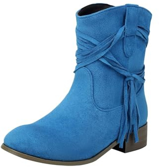Cowboy Boots For Women Mid Calf,Wide Fit Shoes Womens Low Heel,Suede Cowgirl Ankle Boots,Chunky Low Heels With Fringe, Chunky Block Heel Stylish Slouch Bootie For Party/Travel/Leisure